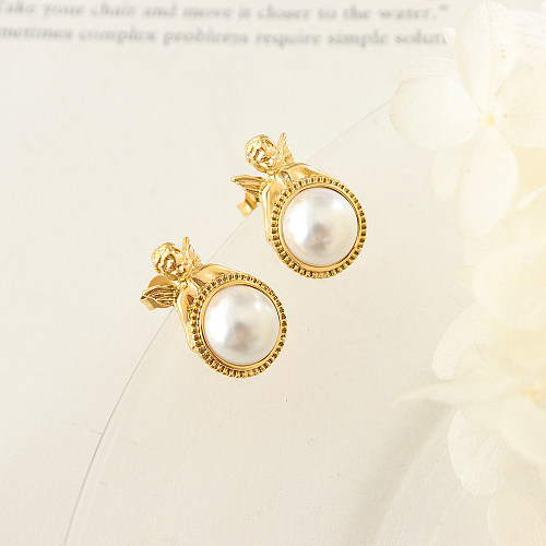 1 paire de clous d'oreilles plaqués or 18 carats, style baroque élégant, incrustation ronde en acier inoxydable, perles artificielles