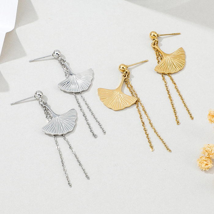 New Stainless Steel  Fan-shaped Tassel Earrings Fashion Golden Leaf Long Earrings
