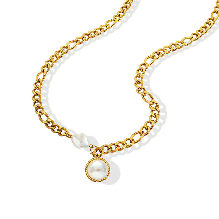 Fashion Geometric Chain Inlaid Pearl 18k Gold Stainless Steel Necklace