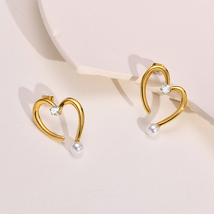 Boucles d'oreilles en forme de cœur géométrique, incrustation en acier inoxydable, perles artificielles, Zircon, 1 paire
