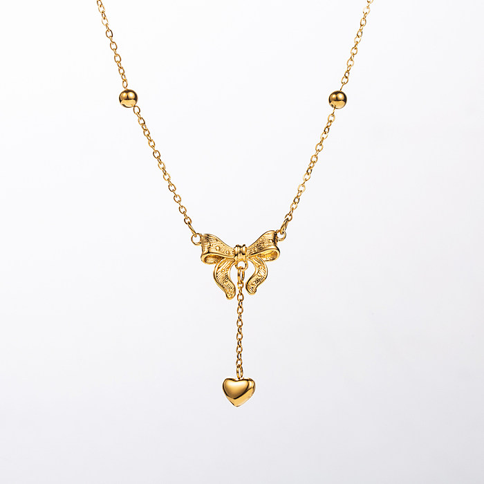Cute Streetwear Little Bear Heart Shape Bow Knot Stainless Steel  Stainless Steel Pendant Necklace Necklace