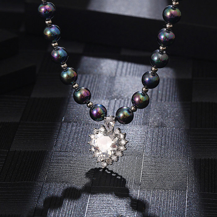 Schlichter Stil, glänzend, herzförmig, Naturstein, Edelstahl, Perlen, Perleneinlage, Zirkon-Anhänger-Halskette