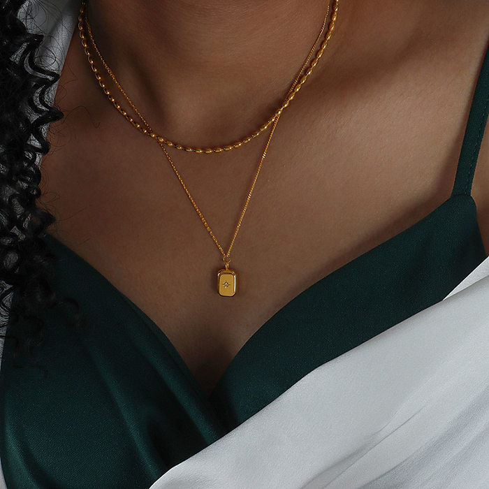 Lässige, schlichte, rechteckige, geschichtete Halsketten mit Intarsien aus Edelstahl und Zirkon