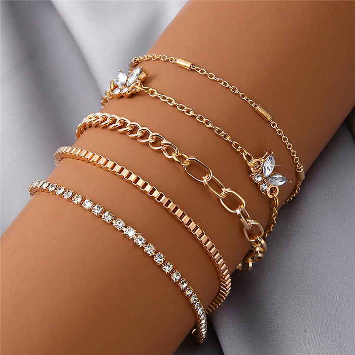 Casual Punk Simple Style Geometric Butterfly Stainless Steel Alloy Chain Hollow Out Inlay Artificial Gemstones Artificial Diamond Gold Plated Silver Plated Bangle