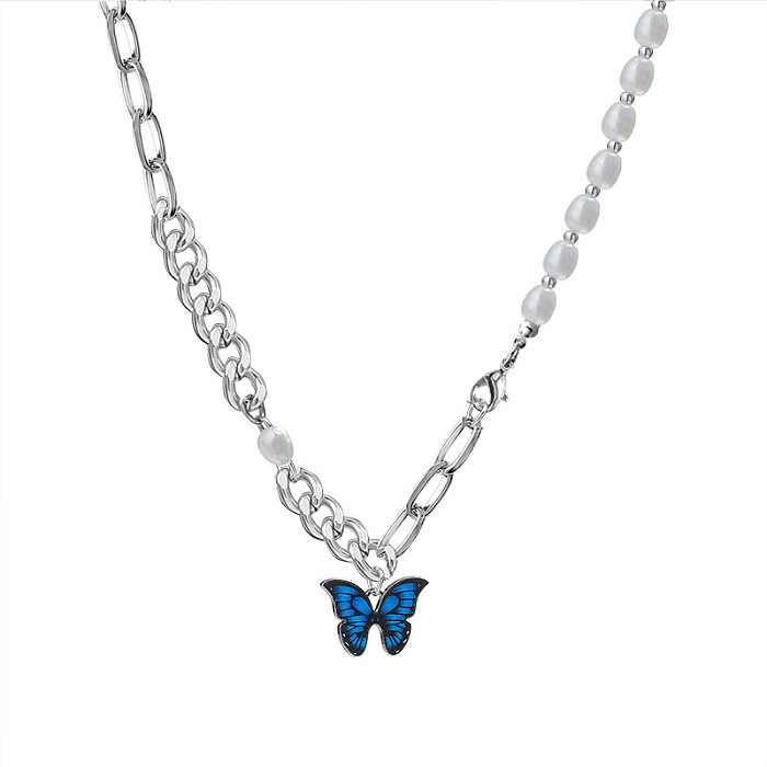 Cool Style Heart Shape Pearl Butterfly Stainless Steel Plating Inlay Artificial Gemstones Pendant Necklace 1 Piece