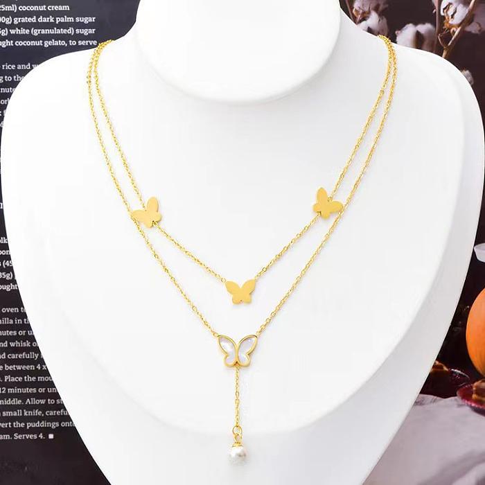 Fashion Butterfly Stainless Steel Inlay Artificial Pearls Shell Layered Necklaces 1 Piece