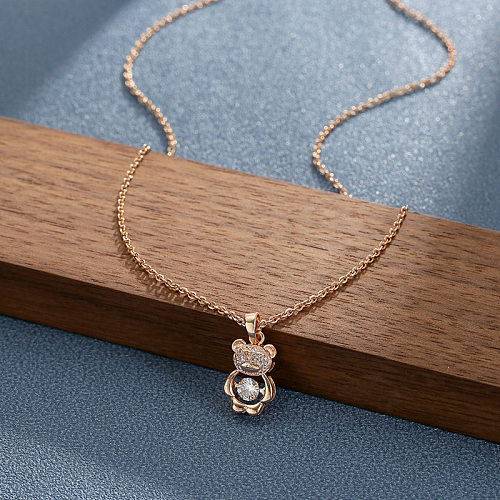 Cute Sweet Little Bear Stainless Steel Plating Inlay Zircon Pendant Necklace