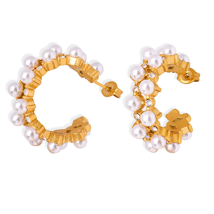 1 Pair Elegant Luxurious Baroque Style C Shape Plating Inlay Stainless Steel Artificial Pearls Zircon 18K Gold Plated Ear Studs