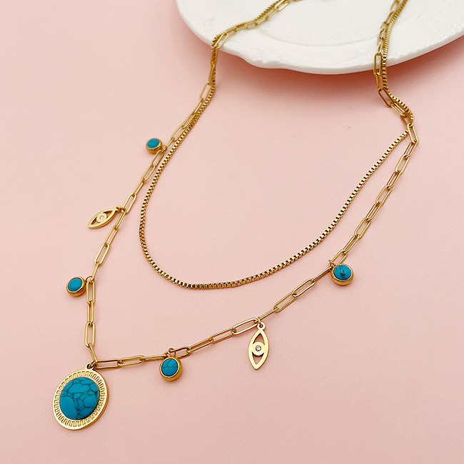 Retro Round Eye Stainless Steel  Plating Inlay Turquoise Gold Plated Layered Necklaces