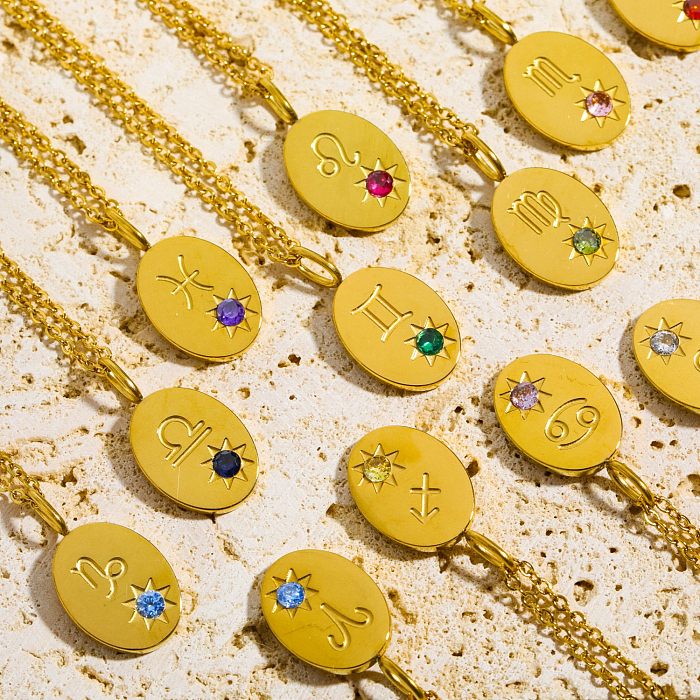 Großhandel Retro-Sternbild-Halskette aus Edelstahl mit 18 Karat vergoldetem Zirkon-Anhänger