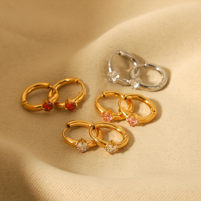 1 paire de boucles d'oreilles créoles plaquées or 18 carats, Style IG, incrustation de couleur unie, acier inoxydable, Zircon