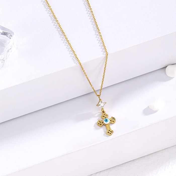 Casual Hip-Hop Cross Eye Stainless Steel  Plating Inlay Zircon 14K Gold Plated Pendant Necklace