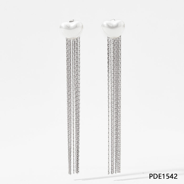 1 Pair Lady Heart Shape Tassel Plating Stainless Steel  Artificial Pearl Drop Earrings