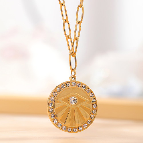 Retro Classic Style Tree Eye Stainless Steel Enamel Plating Hollow Out Rhinestones Zircon Gold Plated Necklace