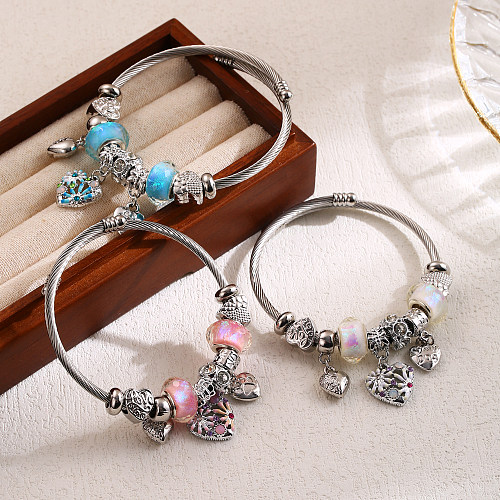 Wholesale Cute Heart Shape Stainless Steel Alloy Beaded Hollow Out Inlay Rhinestones Bangle
