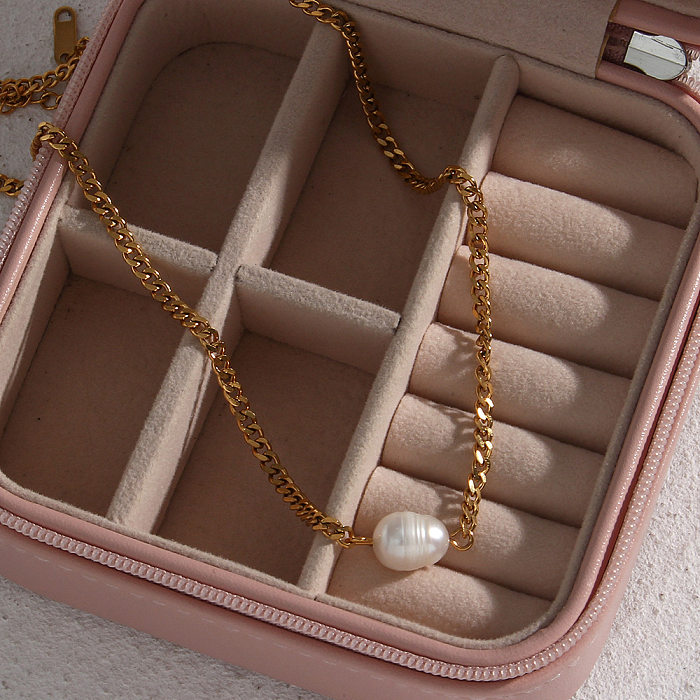 Elegante geometrische Halskette aus Edelstahl mit Inlay und künstlichen Perlen aus Edelstahl