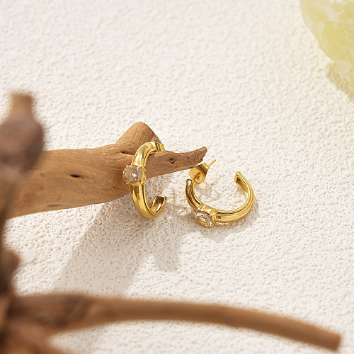 1 paire de boucles d'oreilles décontractées en forme de C, Style classique, incrustation ovale en acier inoxydable, diamant artificiel, Zircon plaqué or