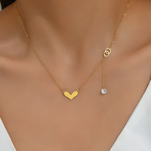 Casual Simple Style Heart Shape Stainless Steel  Rhinestone Plating 18K Gold Plated Necklace