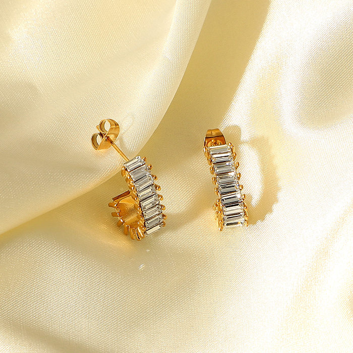 Fashion C-shaped Female 18K Gold Stainless Steel  Zircon Inlaid Geometric Stud Earrings