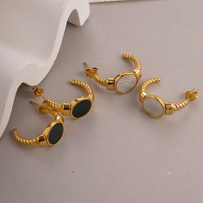 1 par de brincos de orelha banhados a ouro, estilo moderno, oval, torção esmaltada, incrustação de aço inoxidável