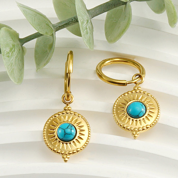 Classic Style Flower Stainless Steel  Plating Inlay Turquoise 18K Gold Plated Drop Earrings