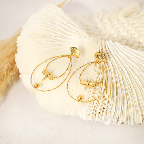 1 paire de boucles d'oreilles pendantes en forme de libellule et de feuille de Ginkgo, Style Vintage, plaqué en acier inoxydable, plaqué or 14 carats