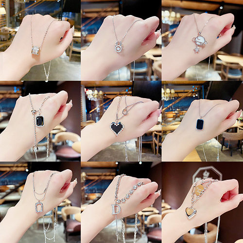 Fashion Letter Square Heart Shape Stainless Steel Inlaid Gold Artificial Gemstones Rhinestones Pendant Necklace 1 Piece