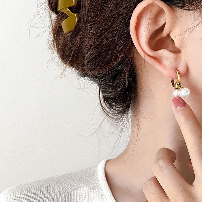 1 Paar schlichte, einfarbige Inlay-Ohrringe aus Edelstahl mit Perlen und Zirkonen