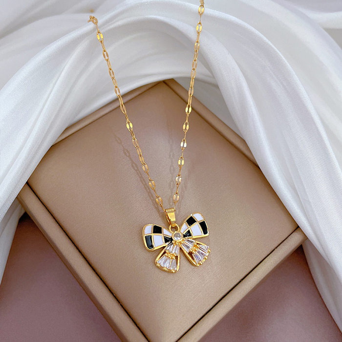 Fashion Bow Knot Stainless Steel Copper Chain Inlay Artificial Diamond Pendant Necklace