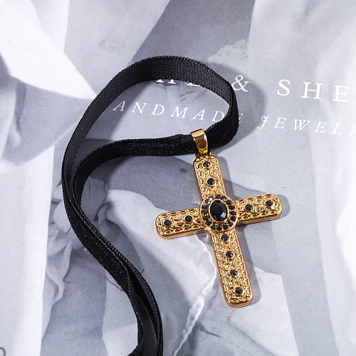Simple Style Commute Cross Stainless Steel Plating Inlay Zircon 18K Gold Plated Pendant Necklace
