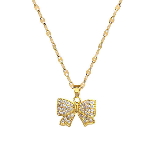 Sweet Bow Knot Stainless Steel  Copper Inlay Artificial Gemstones Pendant Necklace