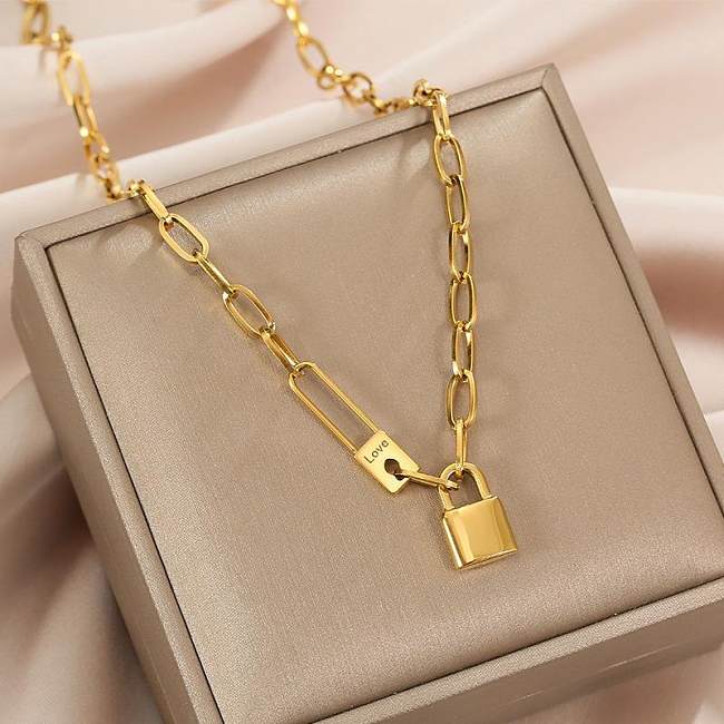 Korean Style Letter Lock Stainless Steel Plating 18K Gold Plated Necklace