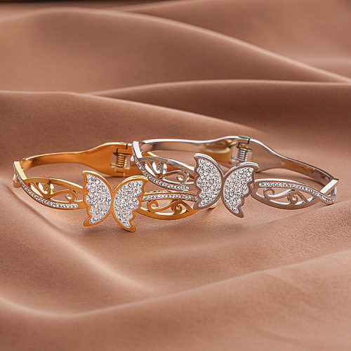 Lady Butterfly Titanium Steel Plating Inlay Zircon Cuff Bracelets
