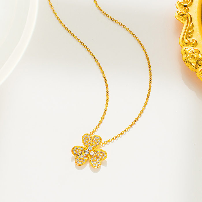 Simple Style Flower Stainless Steel Inlay Zircon Pendant Necklace