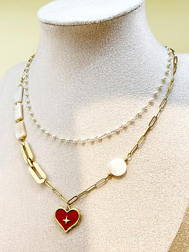 Glam Lady Herzförmige Halskette im römischen Stil aus Edelstahl mit künstlichen Perlen und Emaille-Beschichtung, vergoldet, mehrlagig