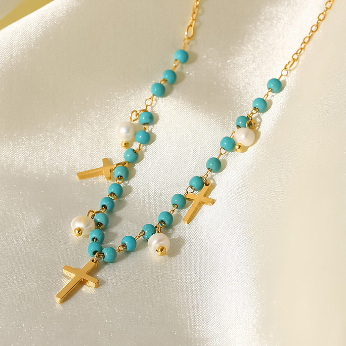 Collier en acier inoxydable avec croix de mode, placage de perles, colliers en acier inoxydable