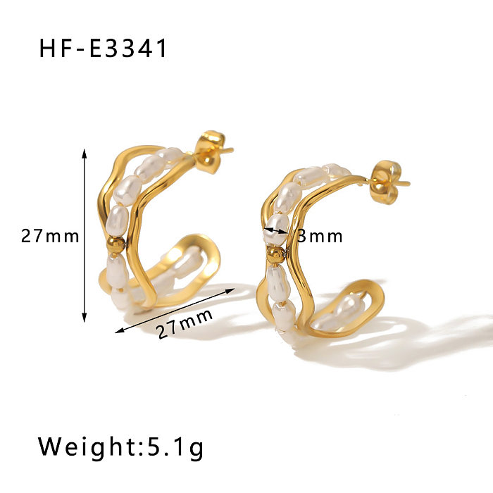 1 Pair Vintage Style Vacation Simple Style C Shape Polishing Plating Inlay Stainless Steel  Artificial Pearls 18K Gold Plated Ear Studs