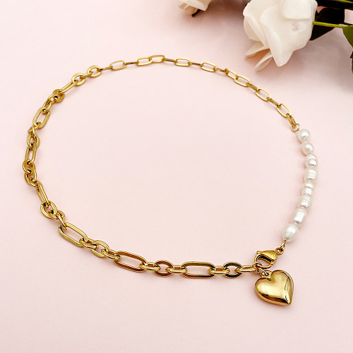 Collier pendentif plaqué or en acier inoxydable, Style Vintage décontracté, en forme de cœur, plaqué perles