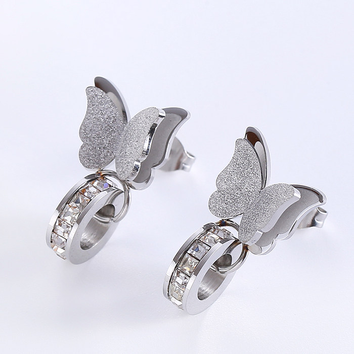 1 paire de papillons de style classique élégant incrusté de papillons en acier inoxydable diamant artificiel plaqué or 18 carats clous d'oreilles plaqués or rose