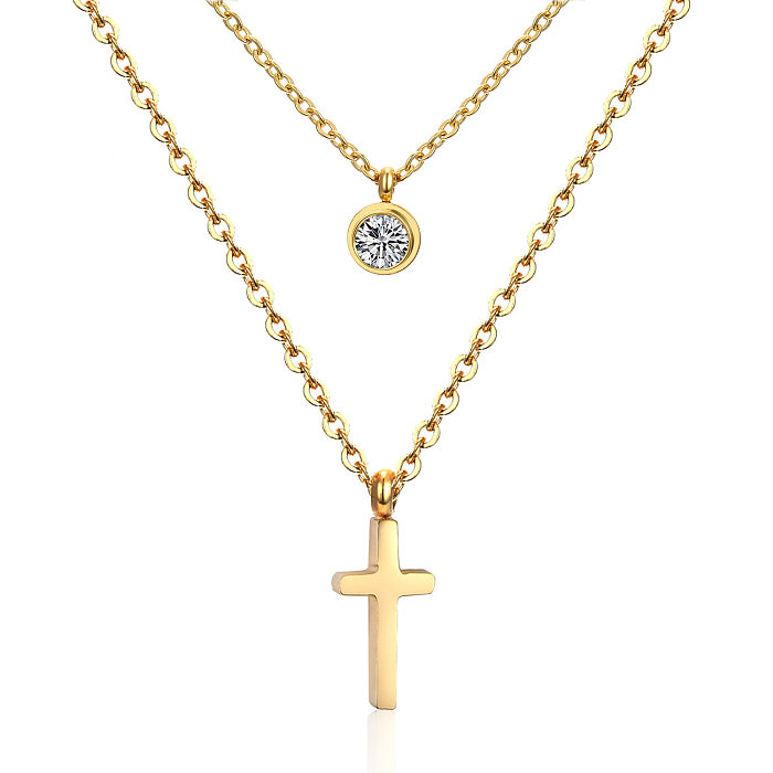 Mehrschichtige Halsketten mit Kreuz und vierblättrigem Kleeblatt aus Edelstahl mit Strasssteinen im modernen Stil