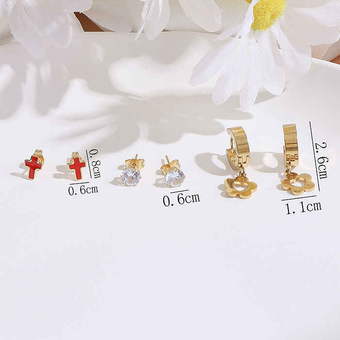3 Pairs IG Style Classic Style Commute Cross Plating Stainless Steel  Imitation Diamond Gold Plated Drop Earrings