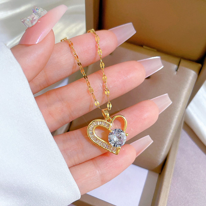 Fashion Heart Shape Stainless Steel Copper Plating Inlay Zircon Pendant Necklace