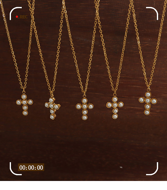 Süße Retro-Halskette aus Edelstahl mit rundem Kreuz und Imitationsperle für Damen