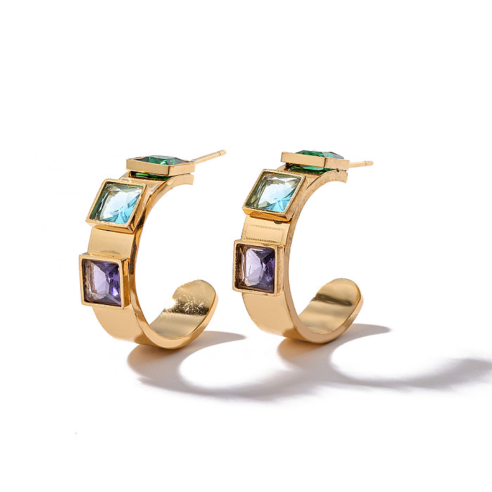 1 Pair Simple Style Commute C Shape Square Plating Inlay Stainless Steel Zircon 18K Gold Plated Earrings