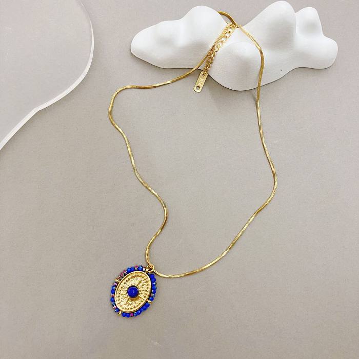 Fashion Sun Oval Edelstahl Edelstahl Perlen Emaille Inlay Kristall Anhänger Halskette 1 Stück