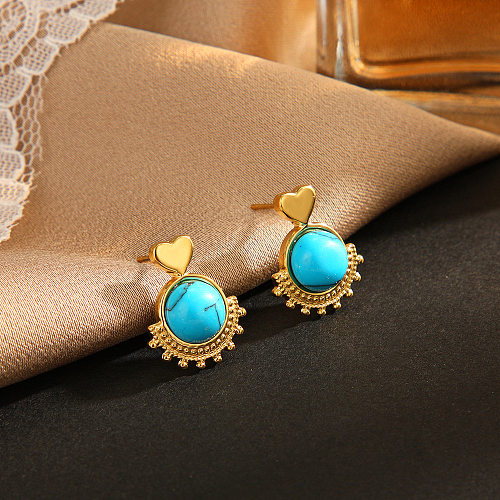 Boucles d'oreilles pendantes en forme de cœur de style ethnique, incrustation en acier inoxydable, turquoise, 1 paire