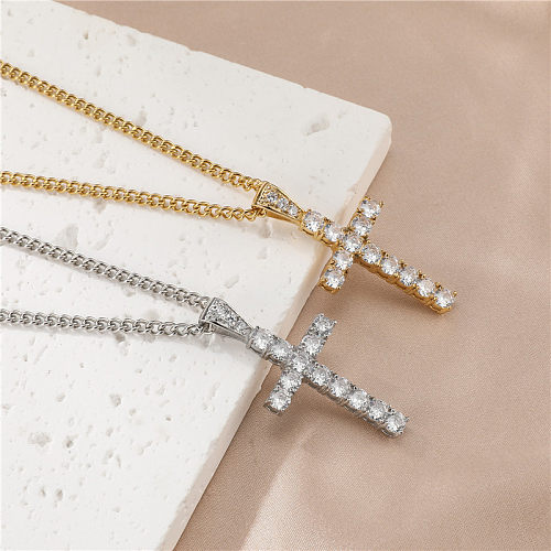 Halskette mit Kreuz-Anhänger im Vintage-Stil, Edelstahl-Inlay und Zirkon
