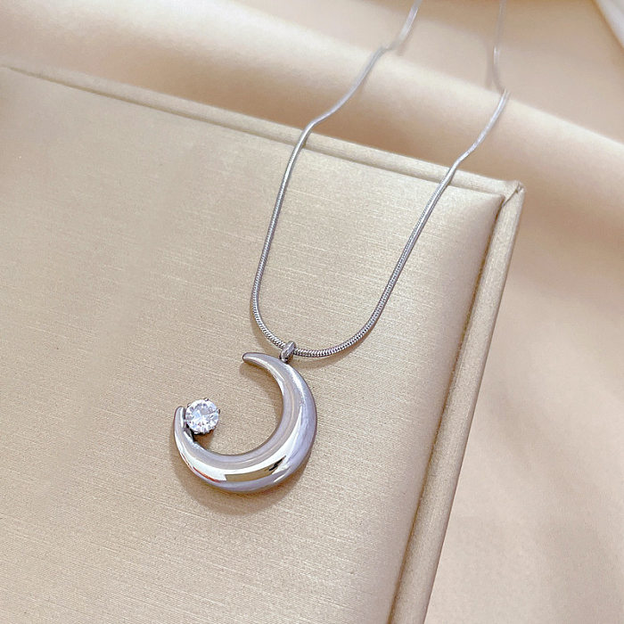 Elegant Moon Stainless Steel Plating Inlay Zircon Pendant Necklace