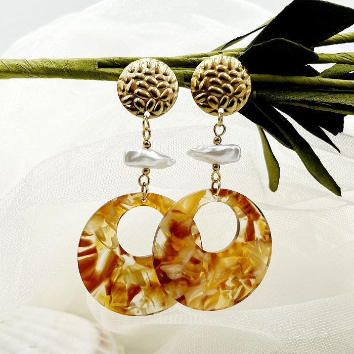 1 Pair Retro Round Stainless Steel  Pearl Plating Hollow Out 14K Gold Plated Drop Earrings
