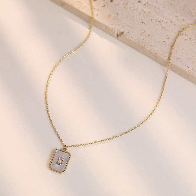 Estilo simples retângulo chapeamento de aço inoxidável inlay shell branco banhado a ouro pingente colar